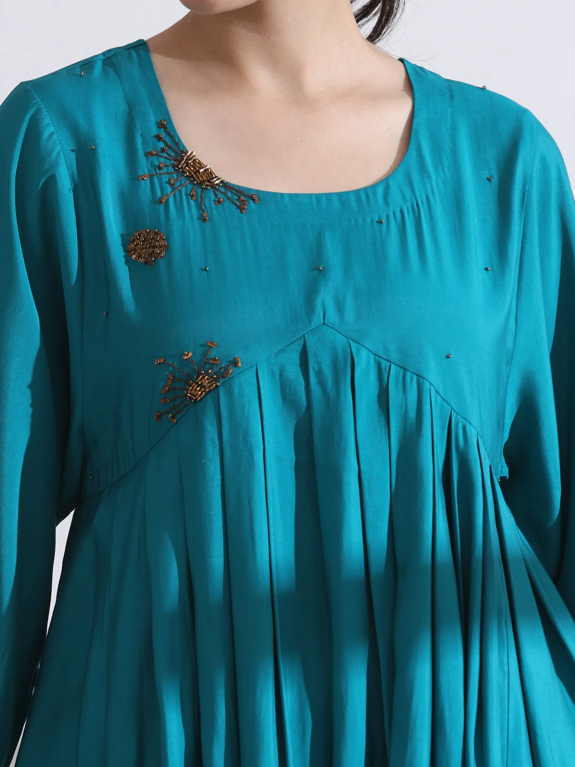 2 Pc Set - Airskin Aqua Blue Anarkali Embroidered Kurta With Pants