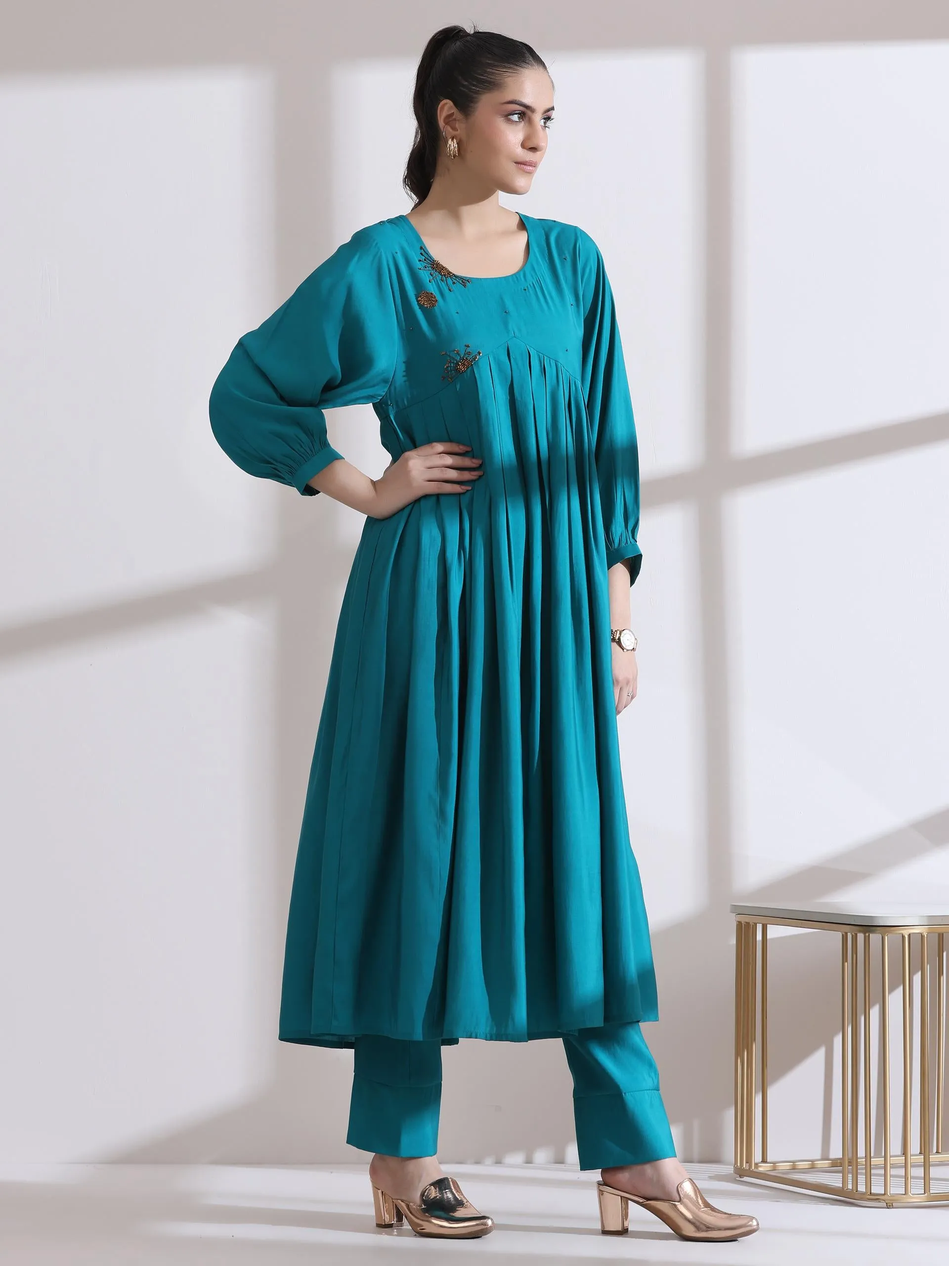 2 Pc Set - Airskin Aqua Blue Anarkali Embroidered Kurta With Pants