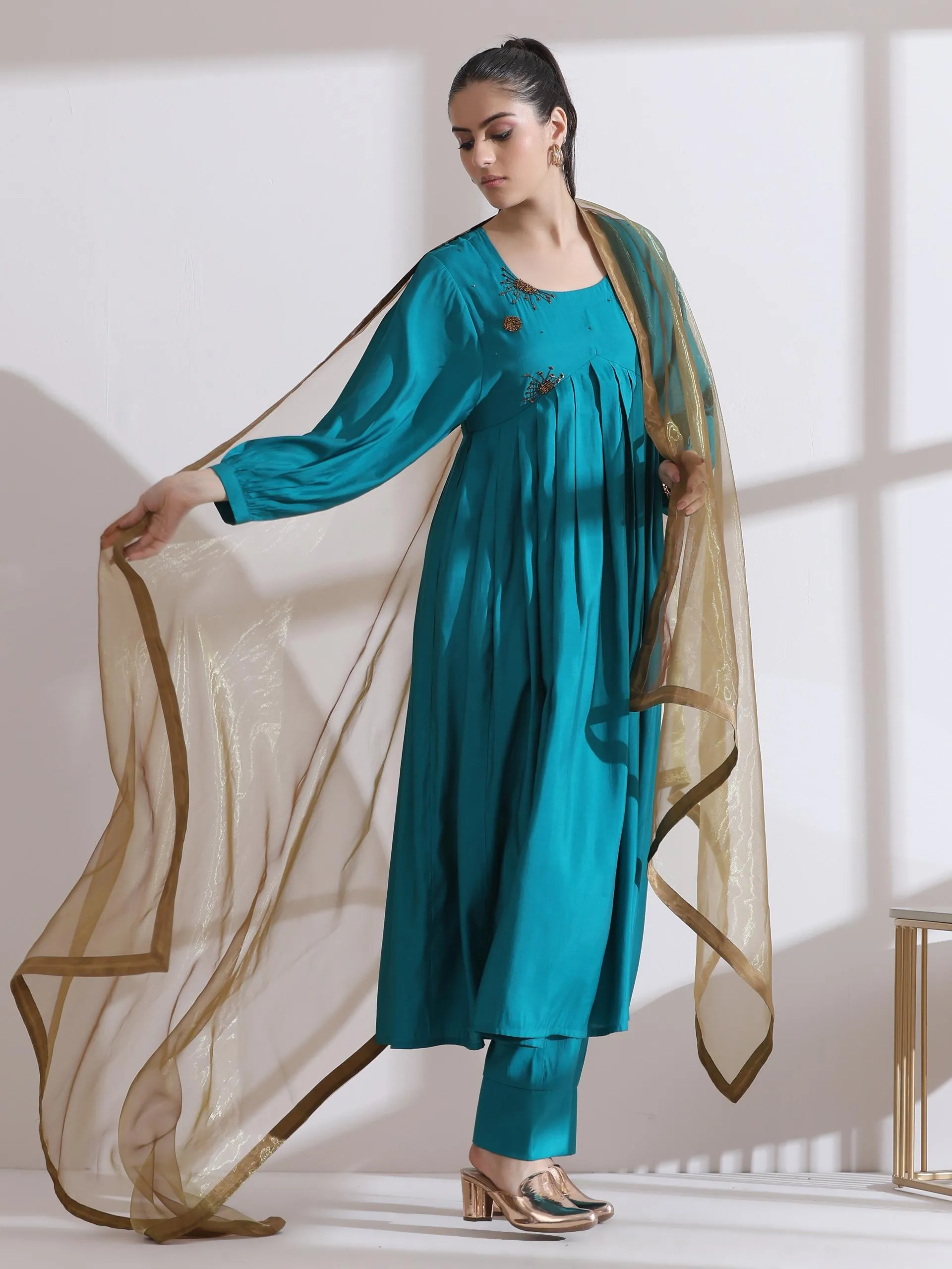 2 Pc Set - Airskin Aqua Blue Anarkali Embroidered Kurta With Pants