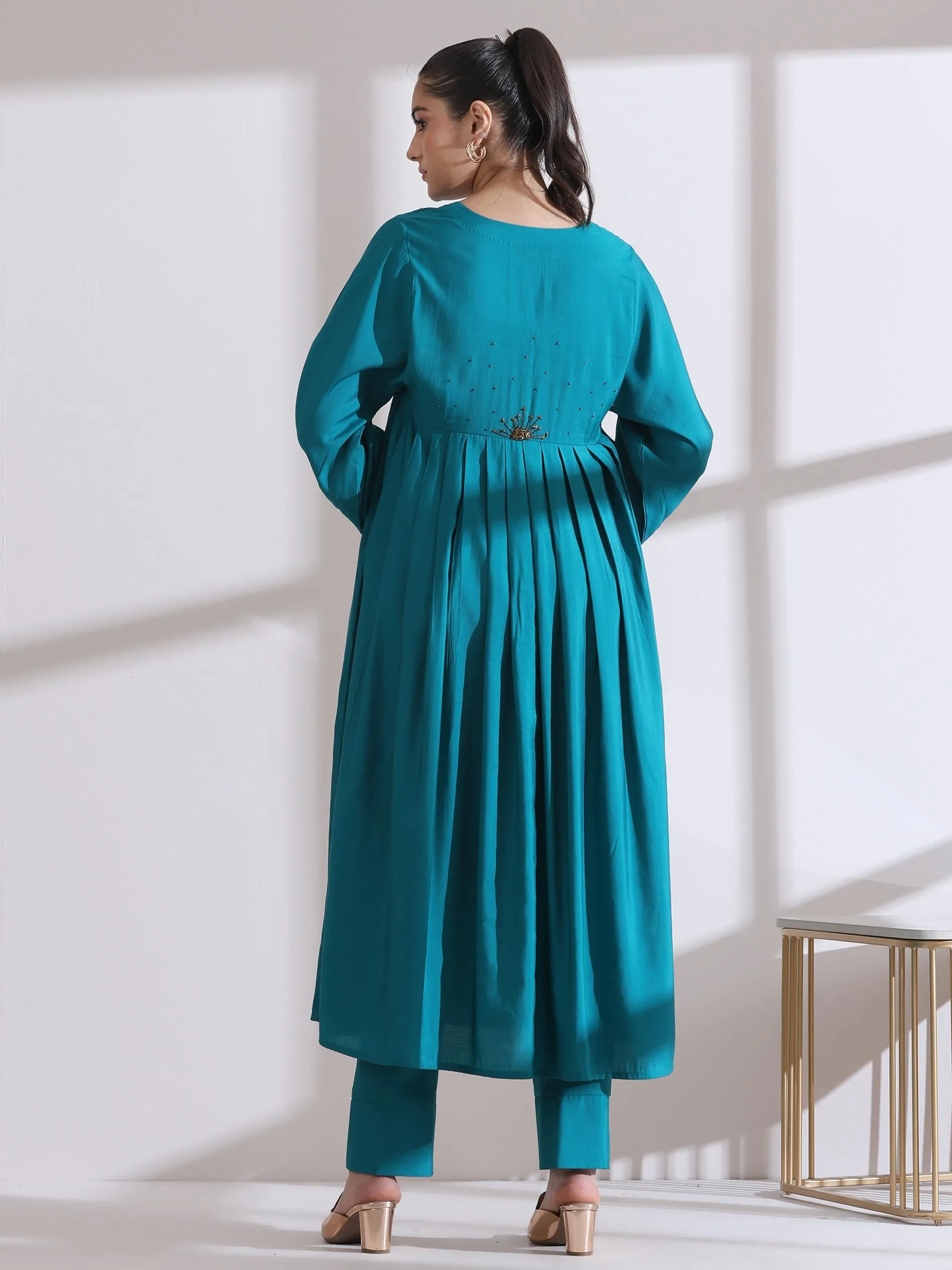 2 Pc Set - Airskin Aqua Blue Anarkali Embroidered Kurta With Pants