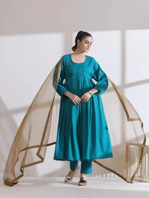 2 Pc Set - Airskin Aqua Blue Anarkali Embroidered Kurta With Pants