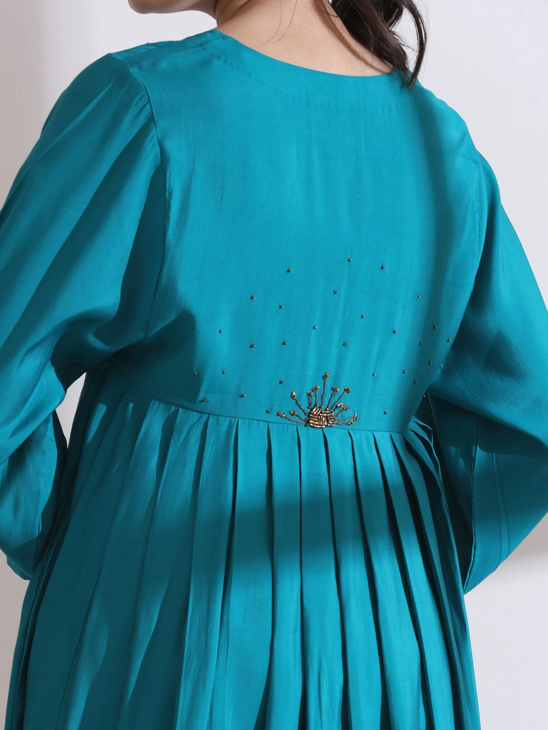 2 Pc Set - Airskin Aqua Blue Anarkali Embroidered Kurta With Pants