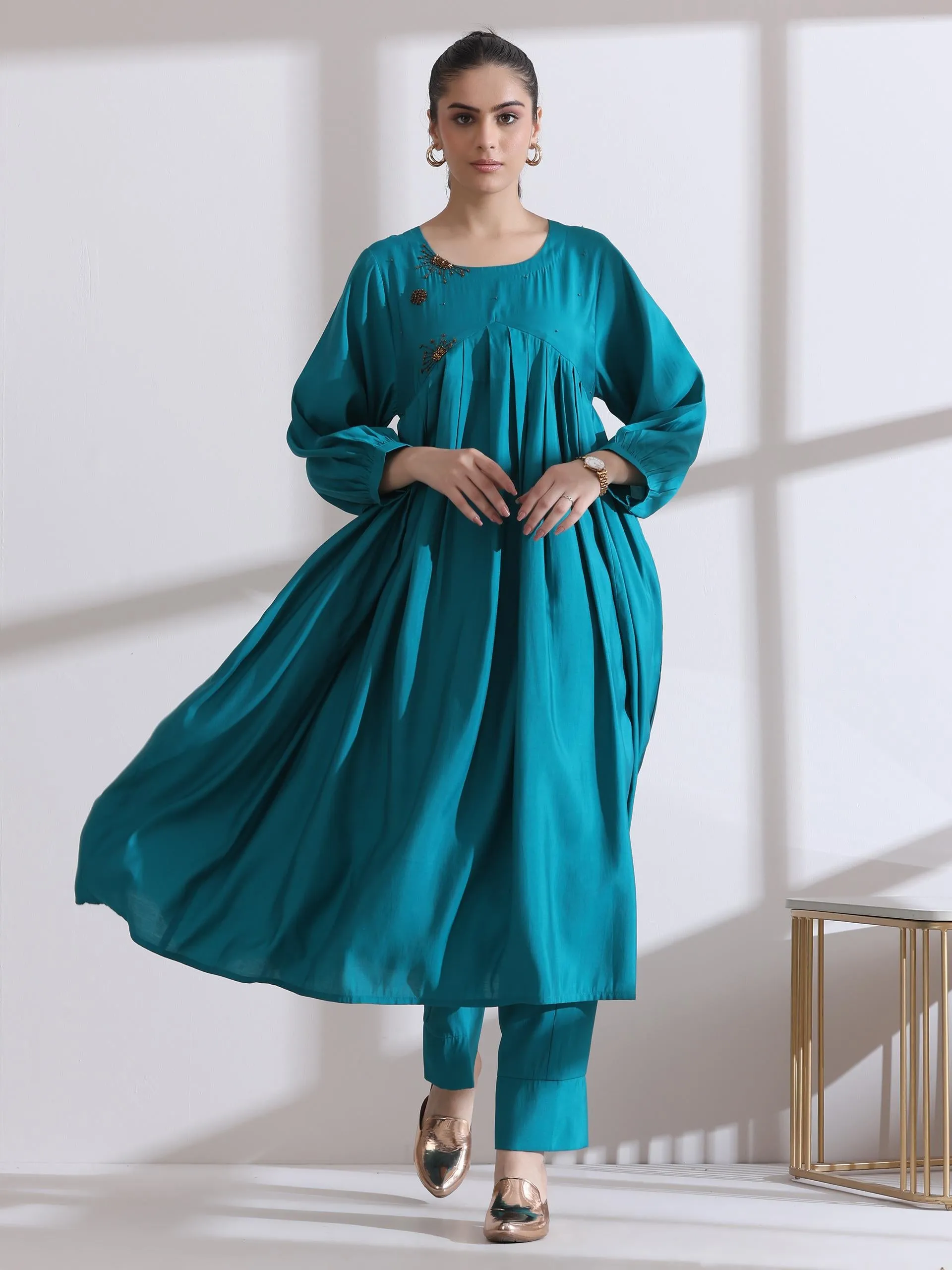 2 Pc Set - Airskin Aqua Blue Anarkali Embroidered Kurta With Pants
