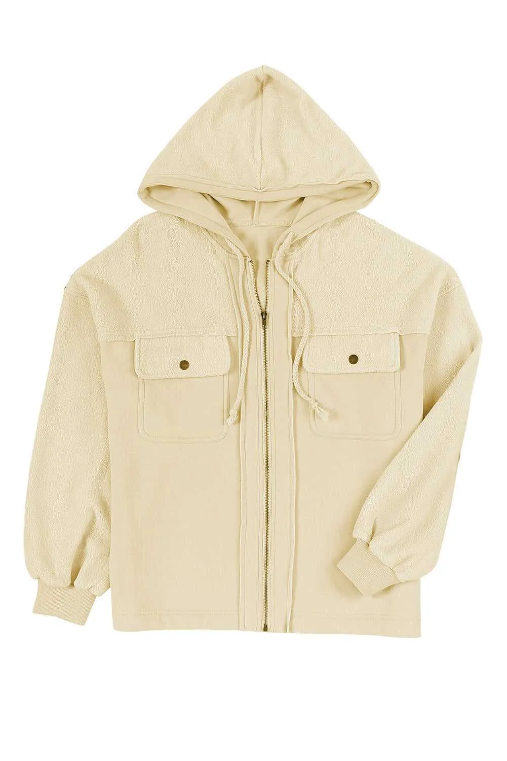 Apricot Flap Pocket Drawstring Hood Zip Up Jacket