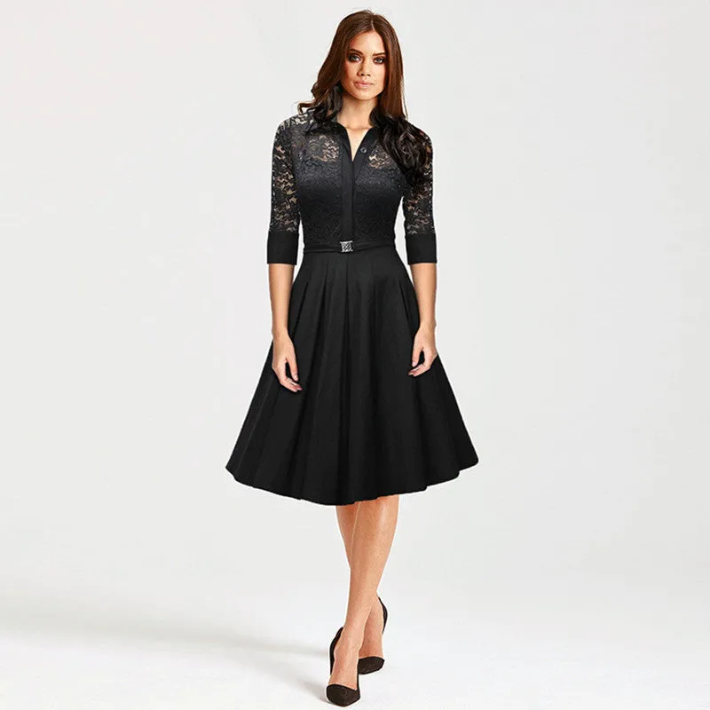 Audrey Hepburn vintage women Lace Waist Black big swing robe high dress Lady rockabilly party dresses