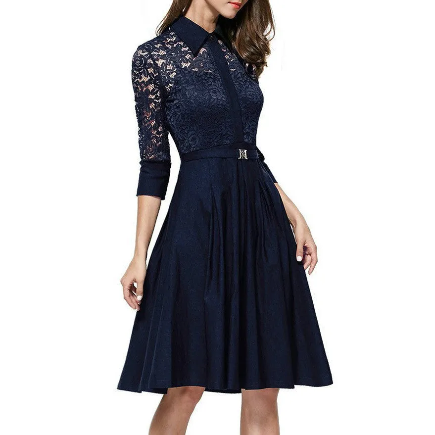 Audrey Hepburn vintage women Lace Waist Black big swing robe high dress Lady rockabilly party dresses