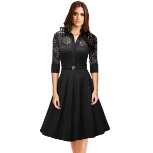 Audrey Hepburn vintage women Lace Waist Black big swing robe high dress Lady rockabilly party dresses