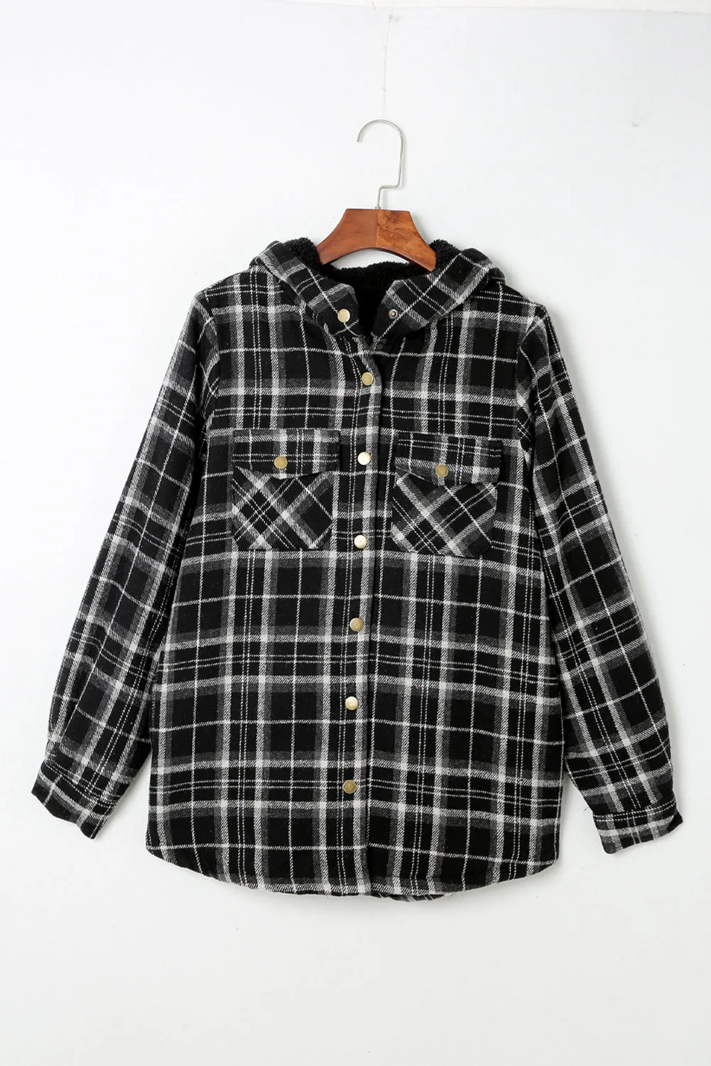 Black-2 Plaid Pattern Sherpa Lined Hooded Shacket