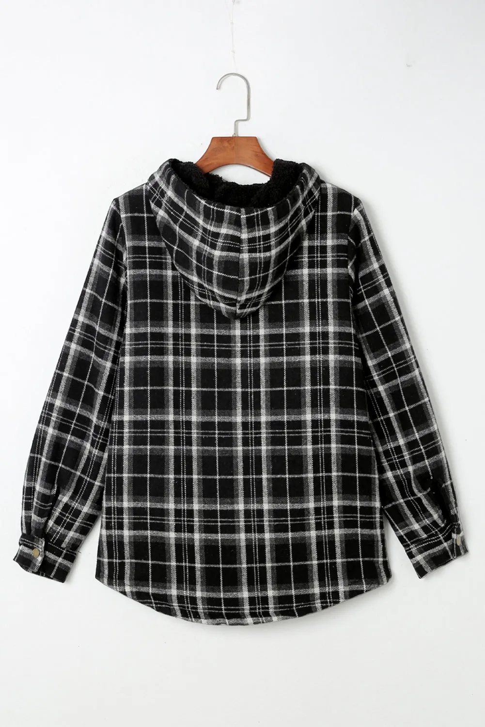 Black-2 Plaid Pattern Sherpa Lined Hooded Shacket