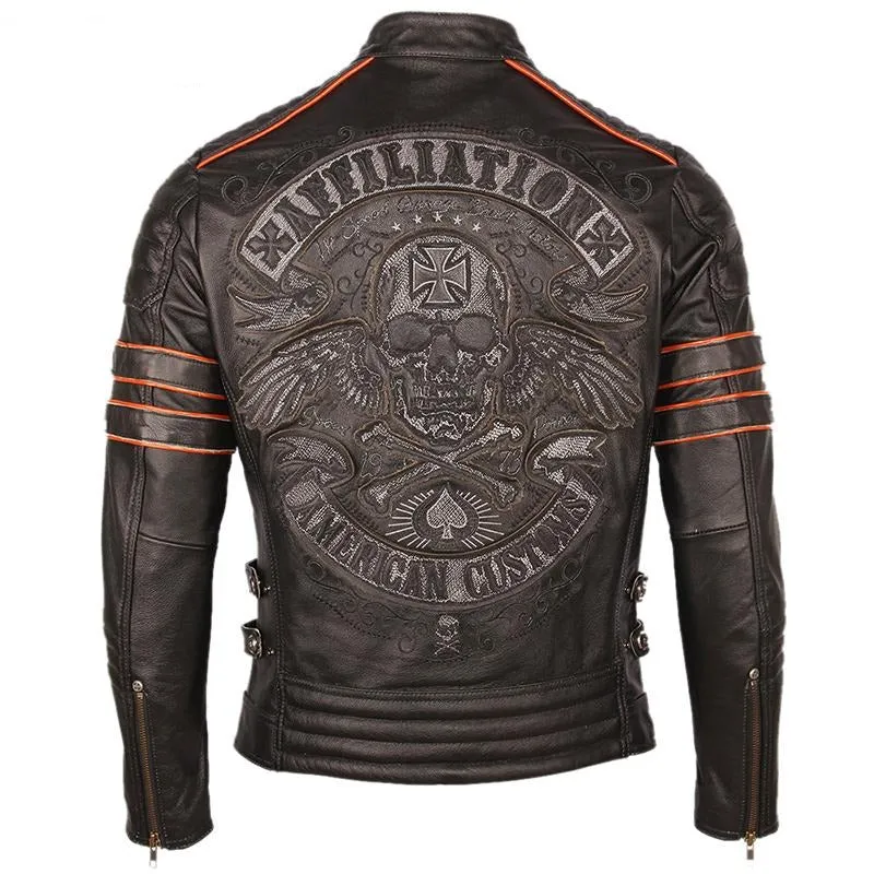 Black Embroidery Skull Motorcycle Leather Jackets