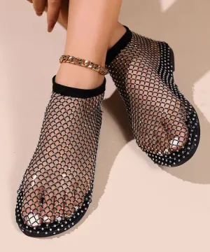 Black Hollow Out Zircon Flat Sandals Breathable Mesh 2024 New