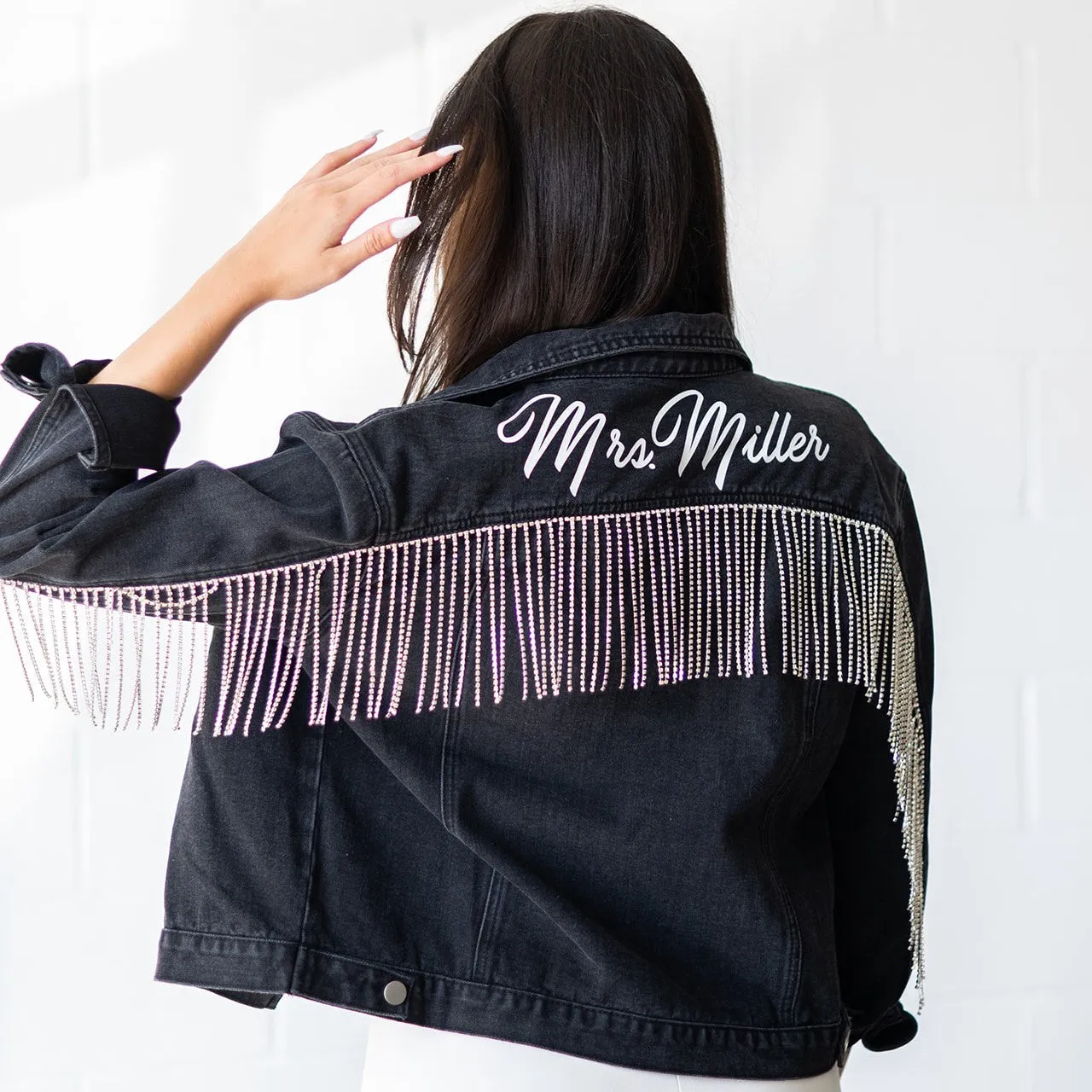 Black Rhinestone Fringe Denim