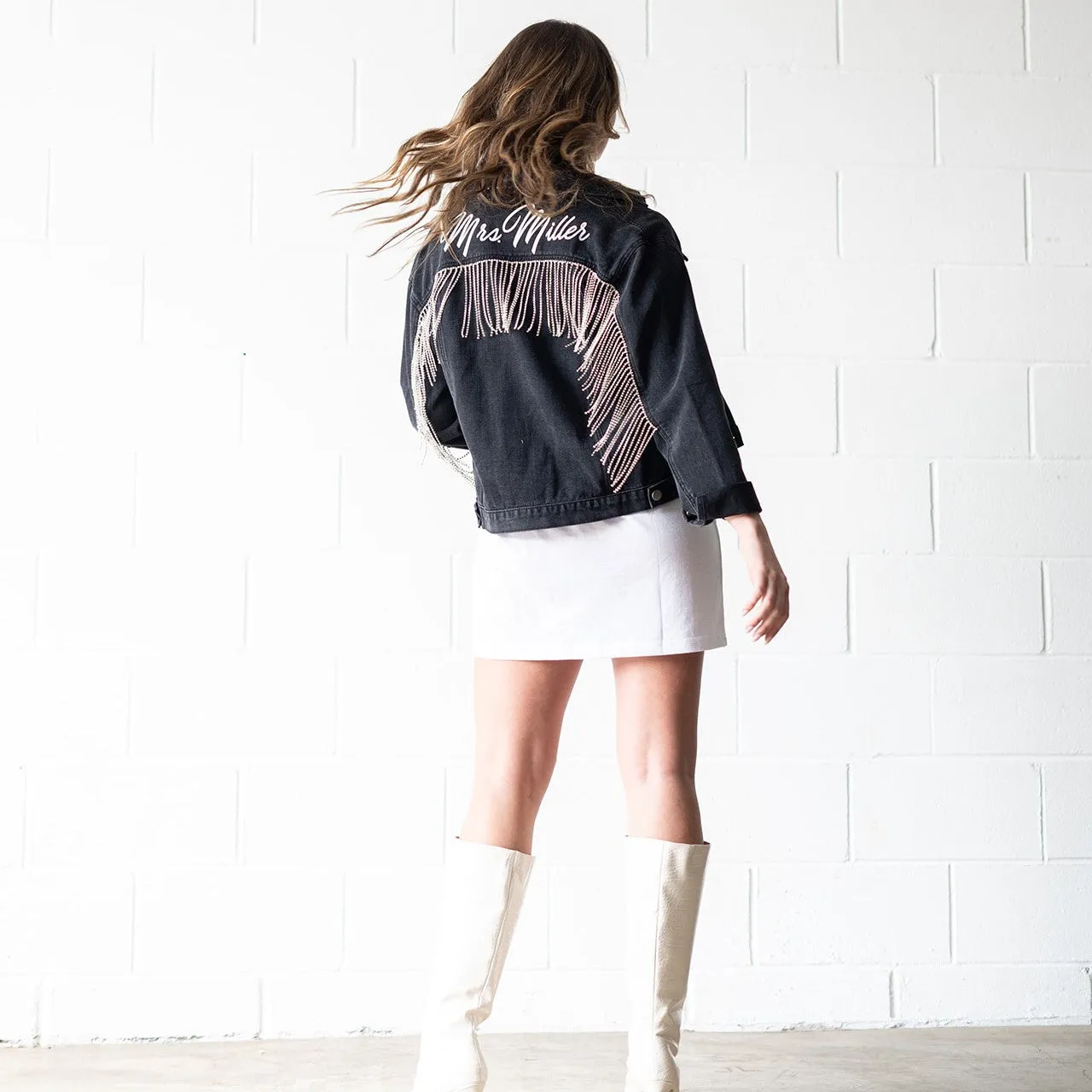 Black Rhinestone Fringe Denim
