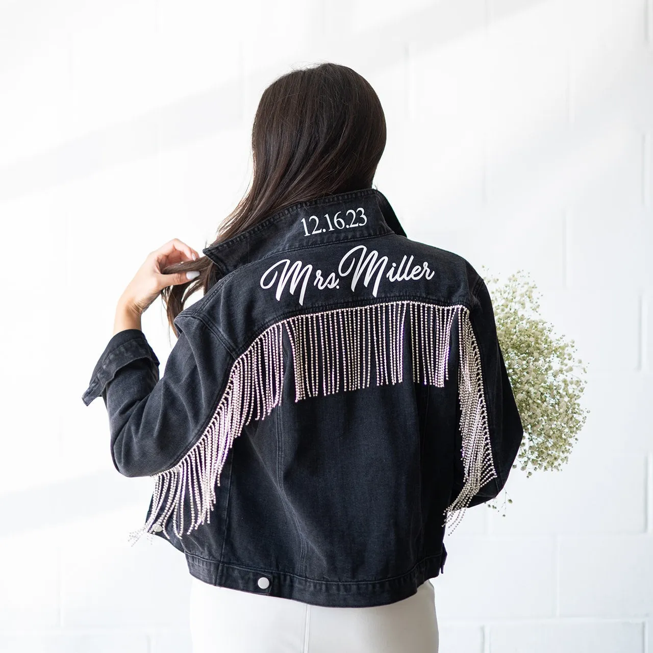Black Rhinestone Fringe Denim
