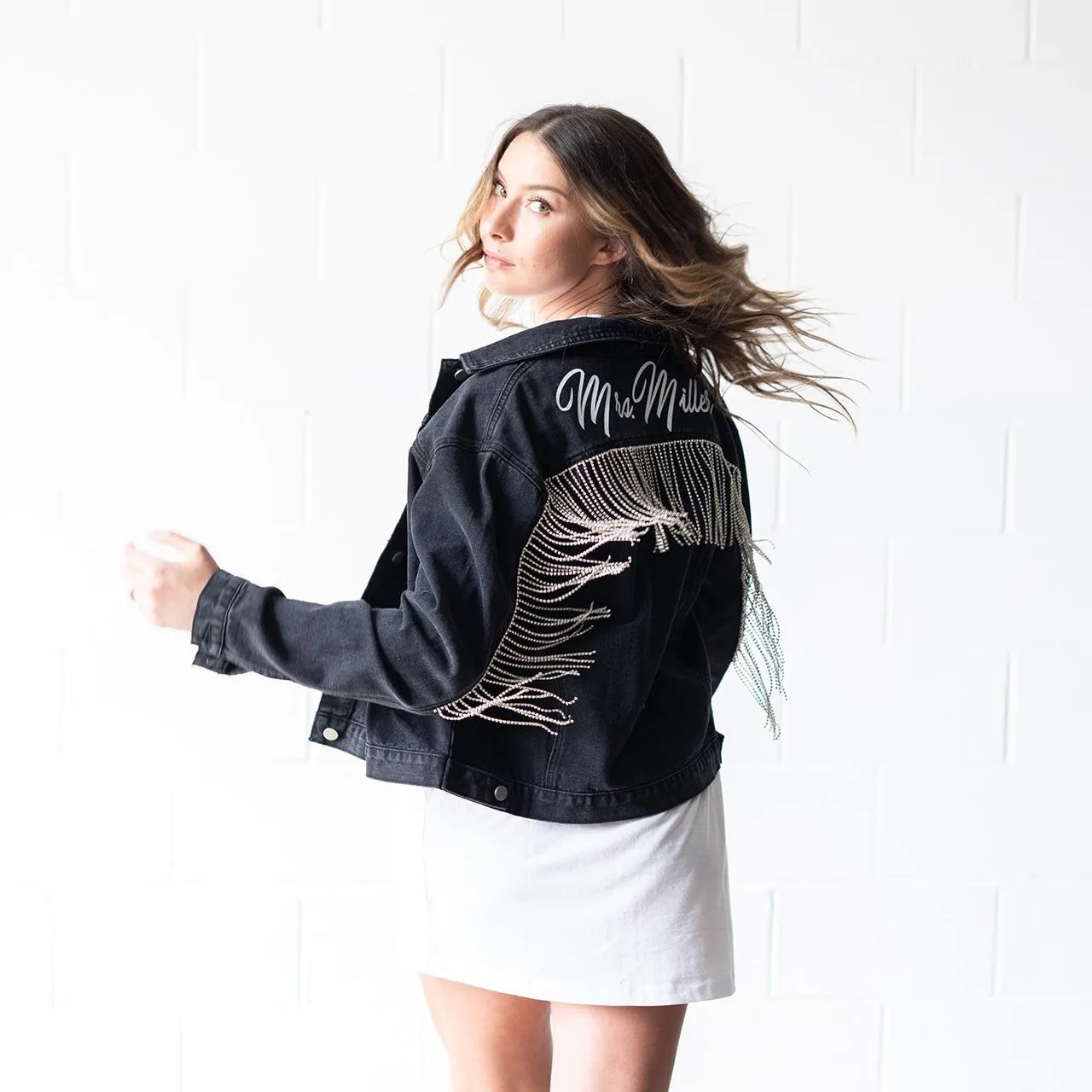 Black Rhinestone Fringe Denim