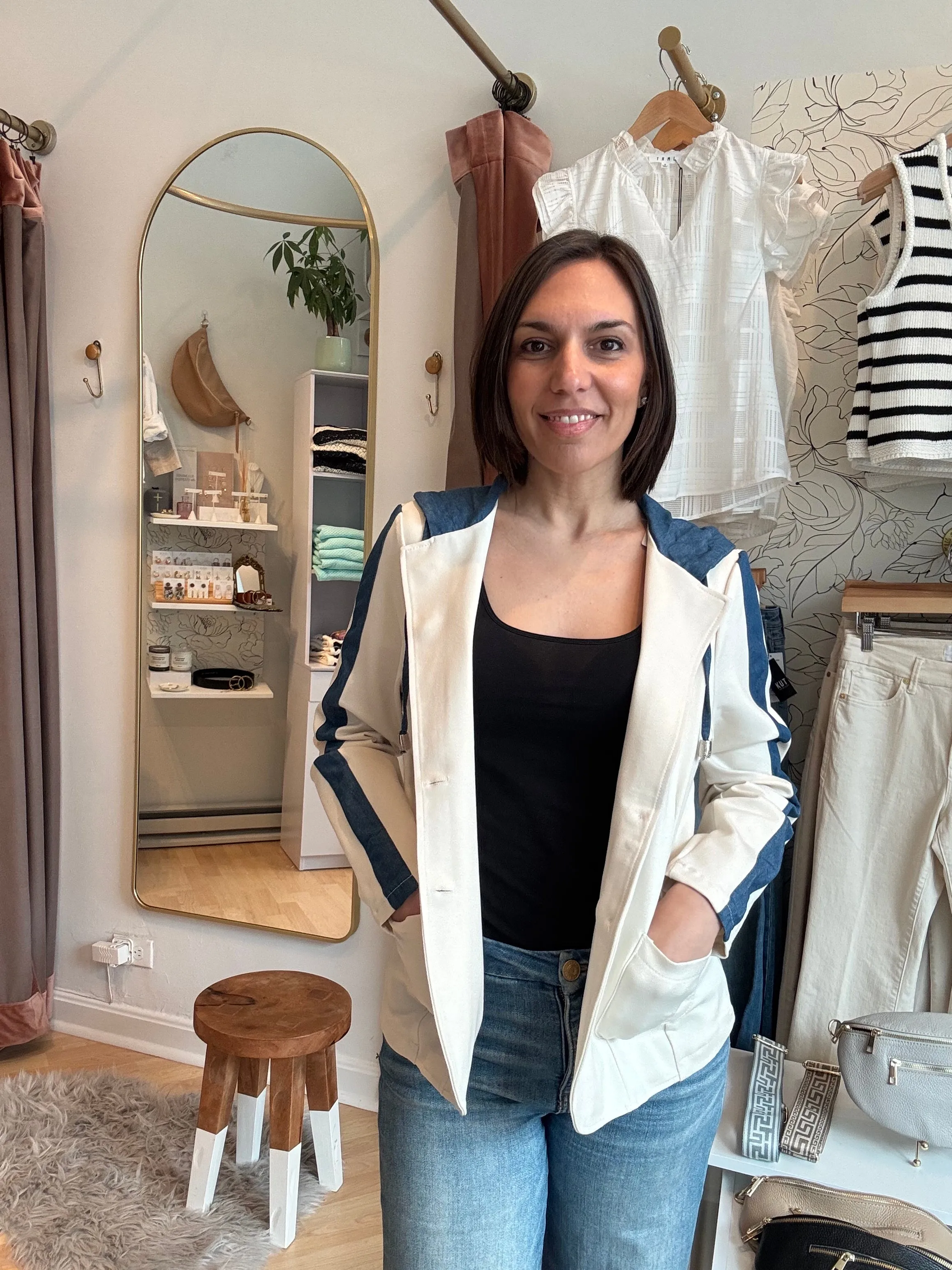 Blazer w/denim striped sleeve