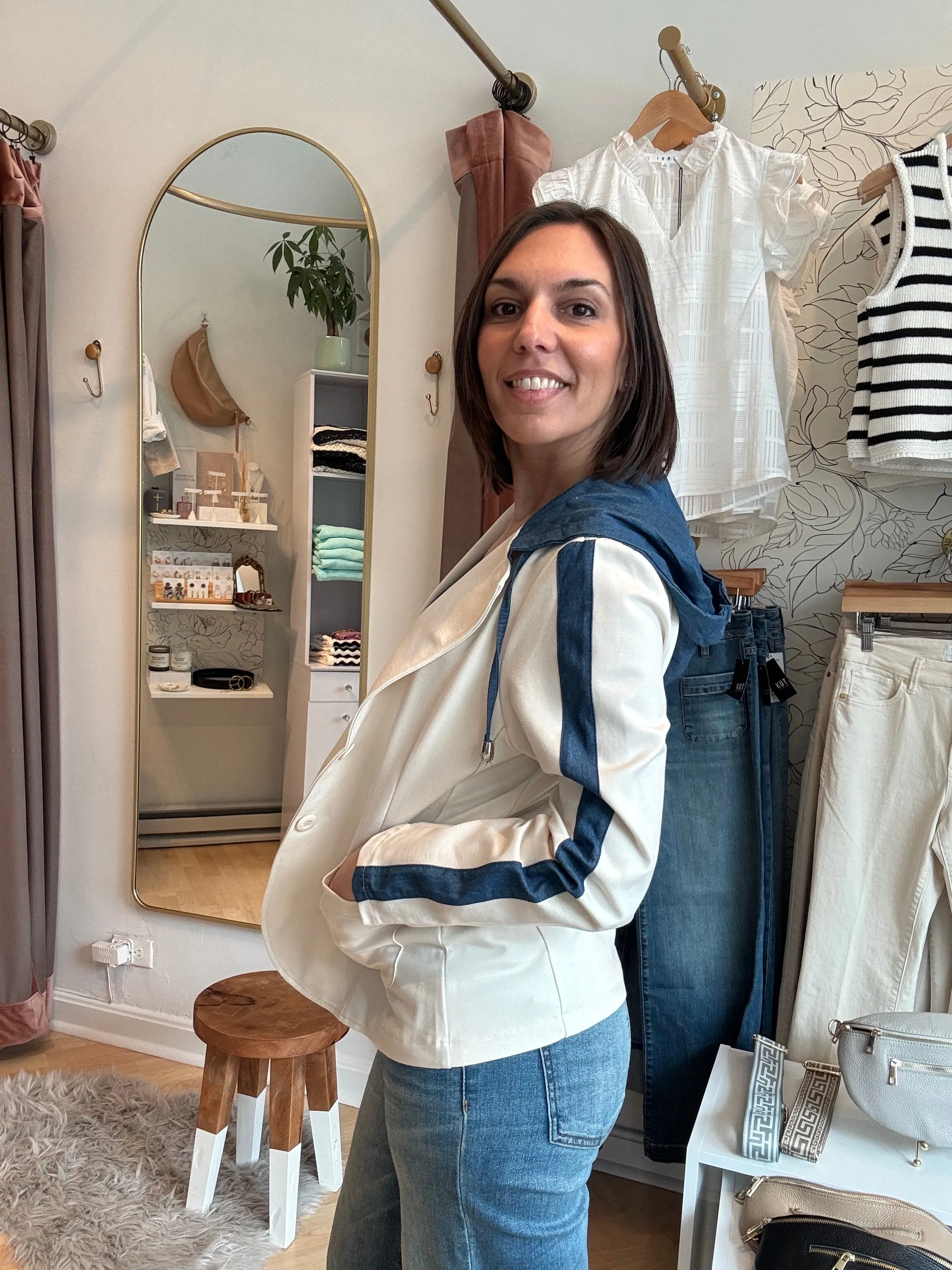 Blazer w/denim striped sleeve
