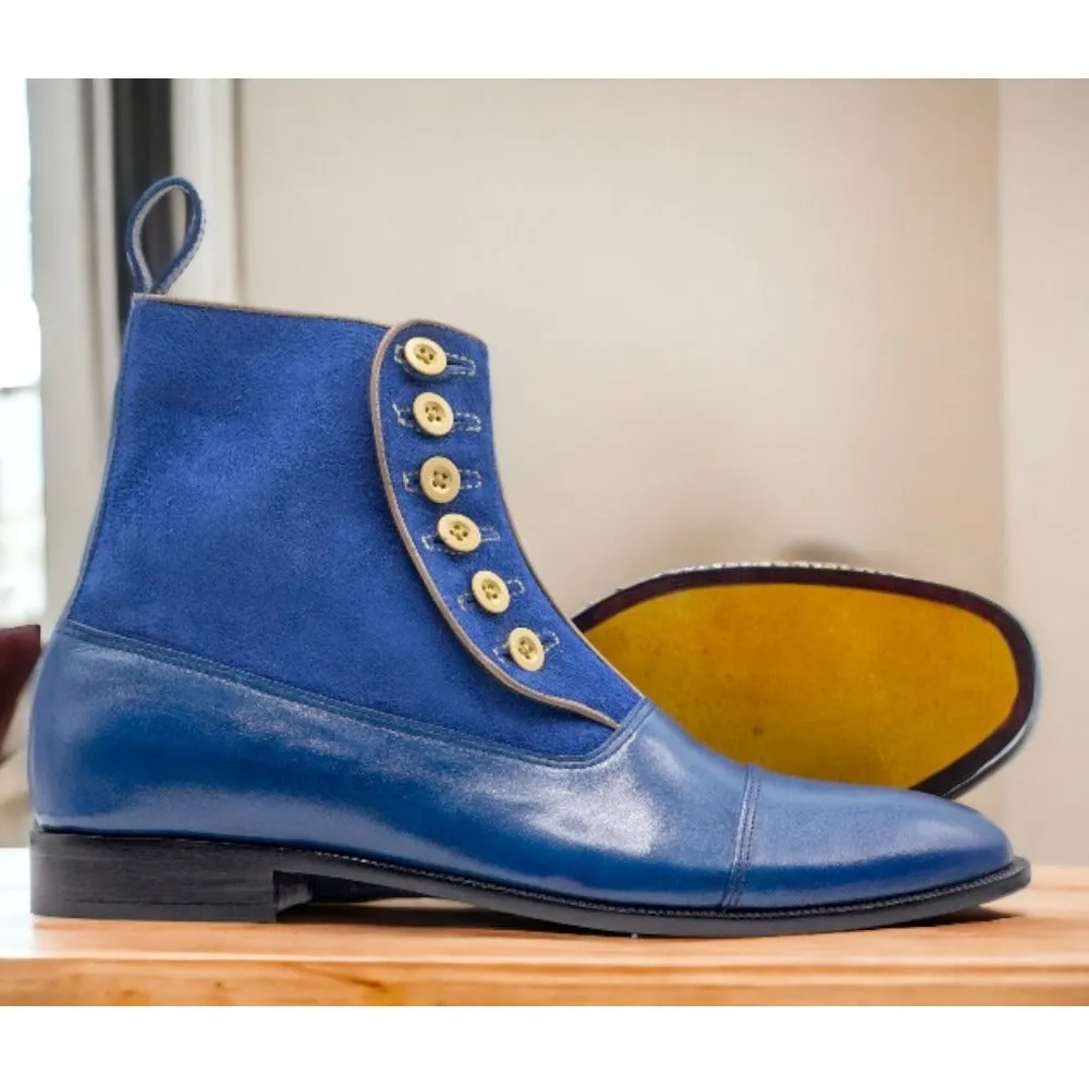 Blue Men's Leather Suede Button Boot