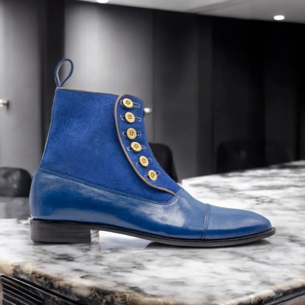 Blue Men's Leather Suede Button Boot