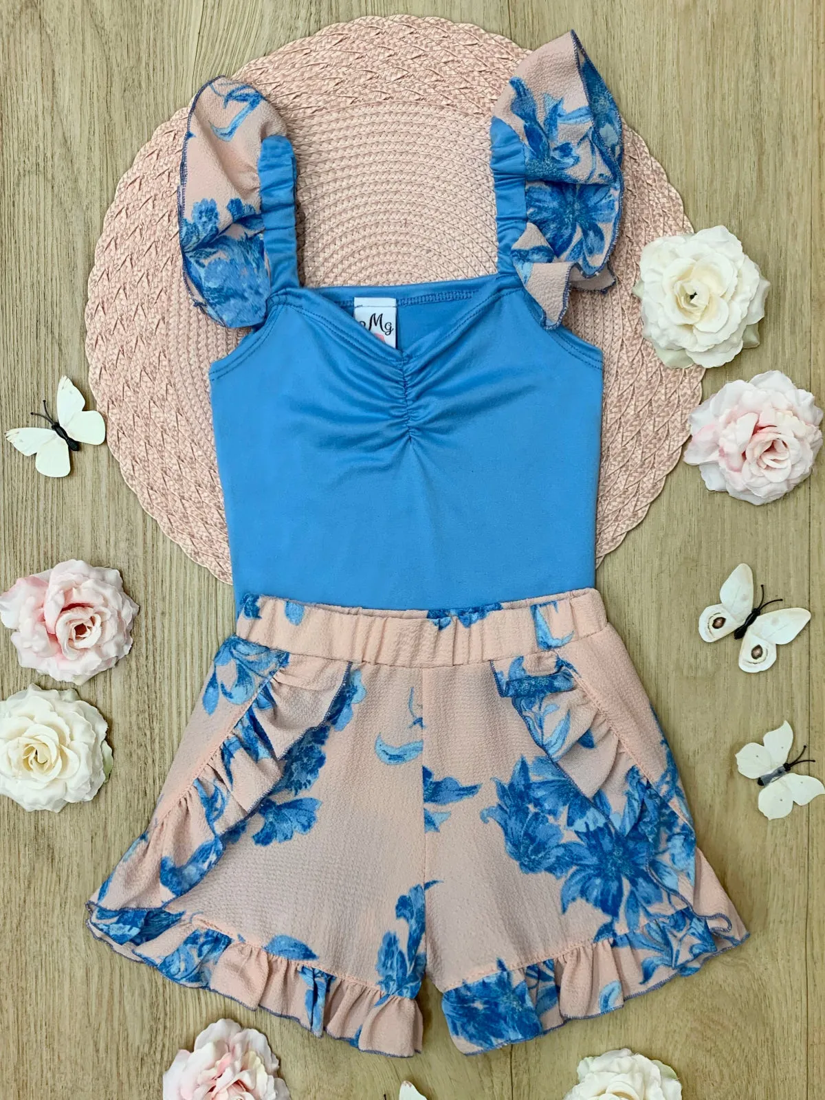 Boho Bloom Ruffle Sleeve Top and Floral Shorts Set