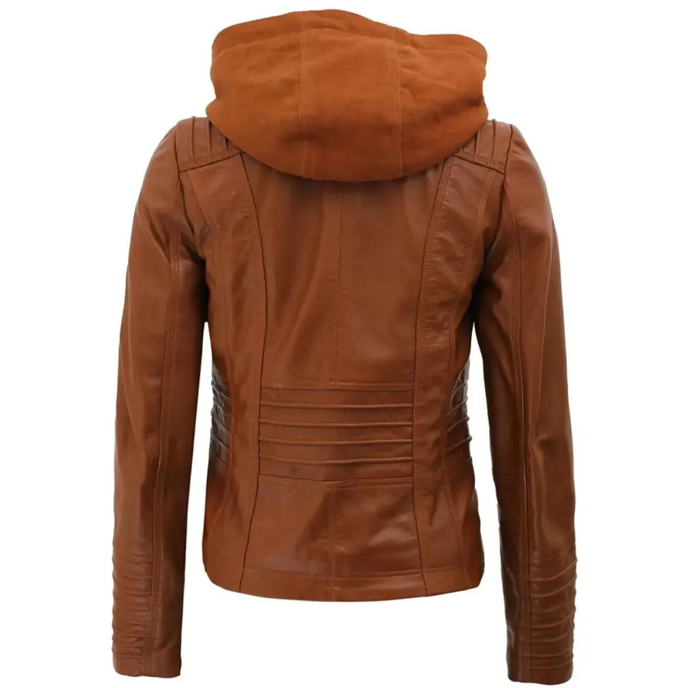 ﻿Brown Allure Hooded Biker Jacket