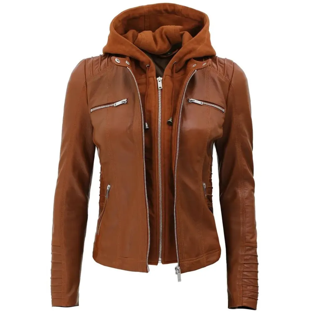 ﻿Brown Allure Hooded Biker Jacket