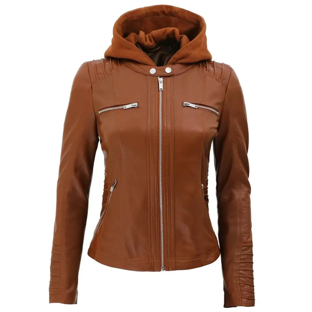 ﻿Brown Allure Hooded Biker Jacket