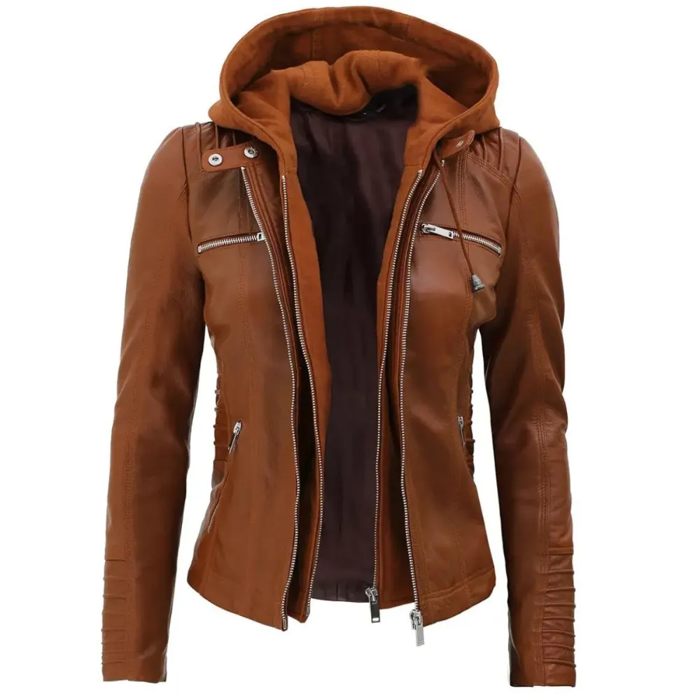﻿Brown Allure Hooded Biker Jacket