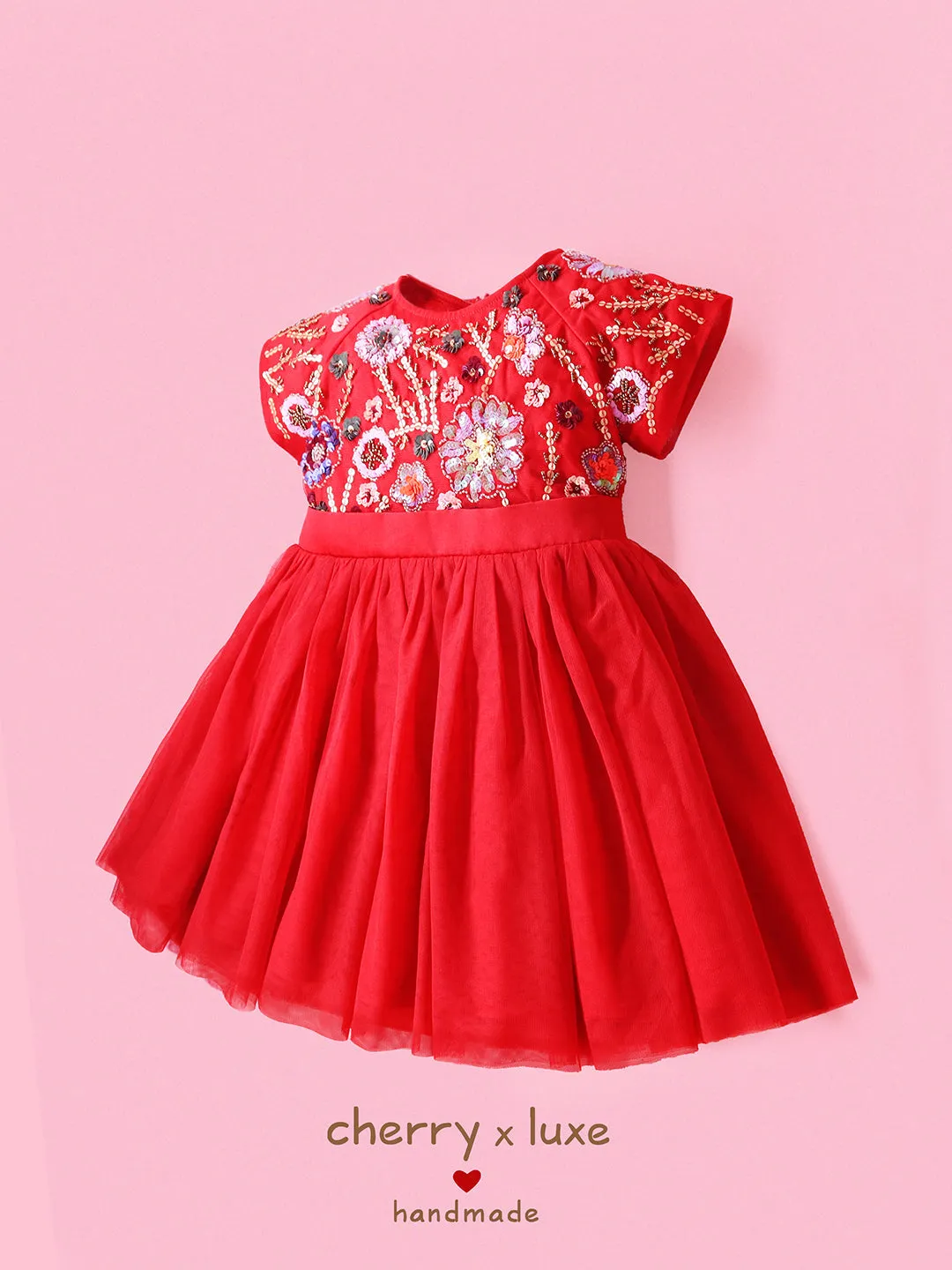 Cherry Crumble Red Solid 100% Polyester Half Sleeves Round Neck Party Wear Fit & Flare Sequin and Beads Summer Dress For Girls