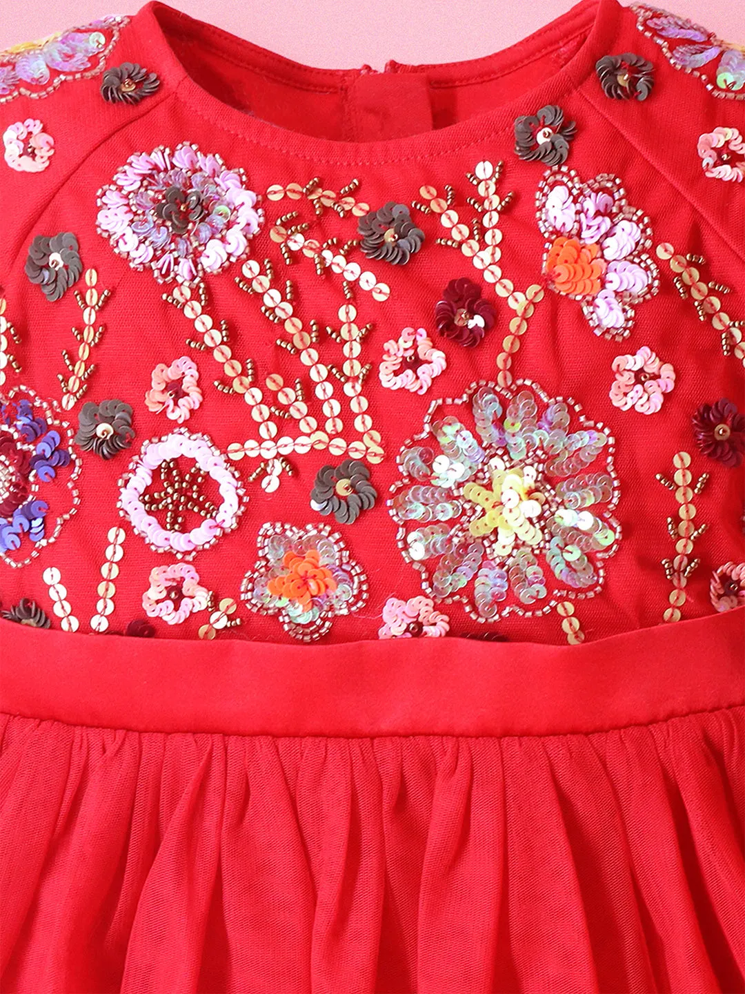 Cherry Crumble Red Solid 100% Polyester Half Sleeves Round Neck Party Wear Fit & Flare Sequin and Beads Summer Dress For Girls