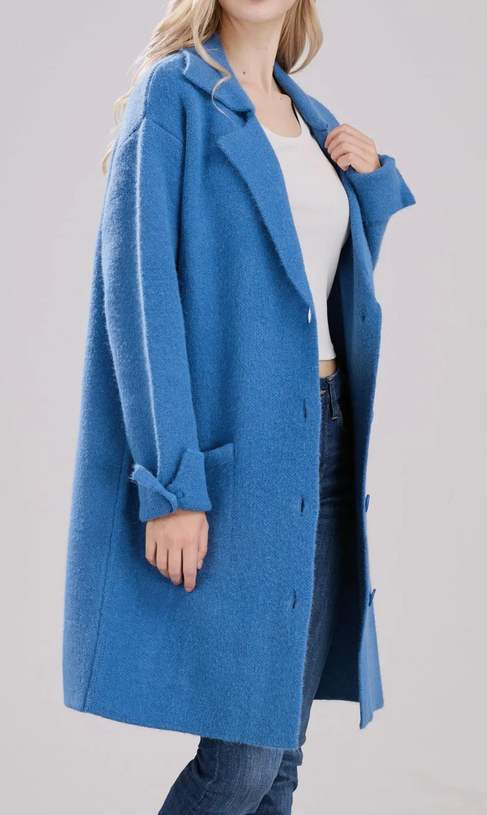 Chouyatou Women Long Cardigan Notched Collar Button Down Loose Fit Knit Blazer Sweater Jacket