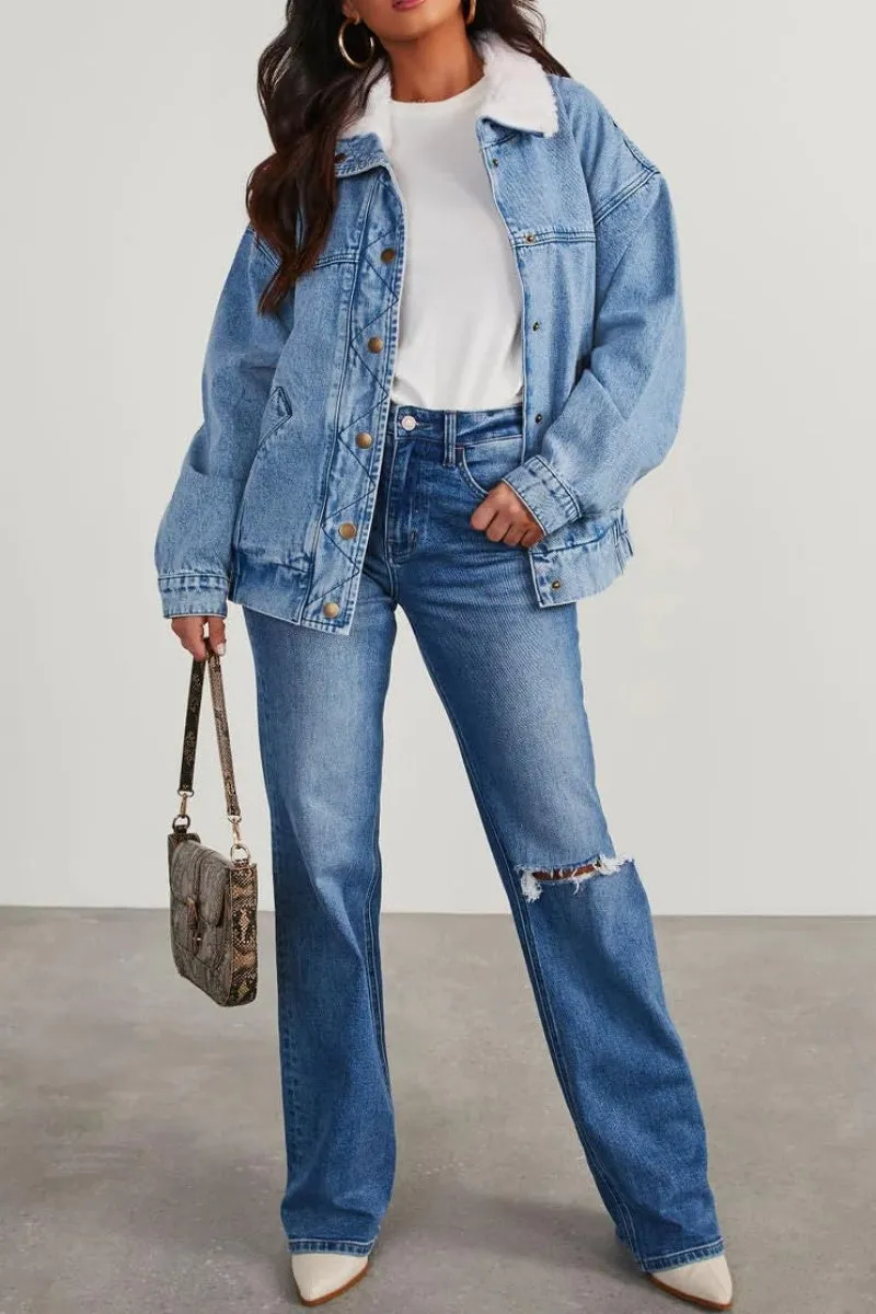 Chouyatou Women's Warm Sherpa Collar Denim Jacket Faux Fur Collar Denim Coat Trucker Jacket