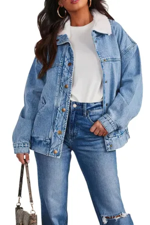 Chouyatou Women's Warm Sherpa Collar Denim Jacket Faux Fur Collar Denim Coat Trucker Jacket