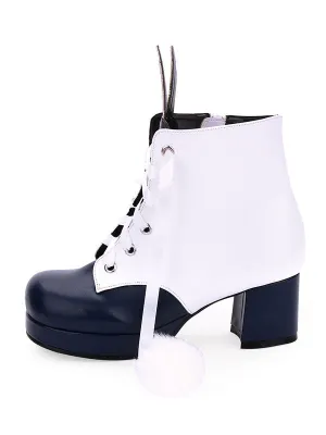 Classic Lolita Boots Bunny Ear Pom Pom Two Tone Chunky High Heel Lolita Shoes