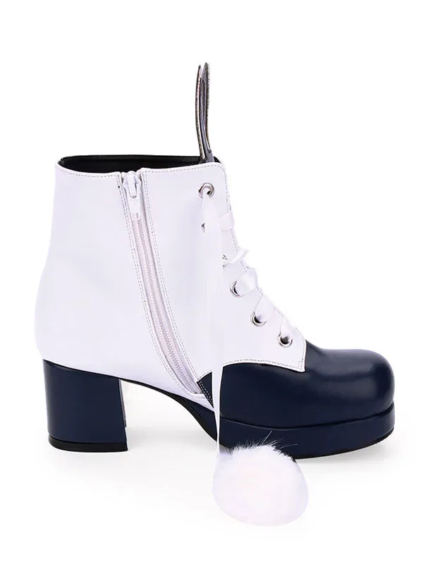 Classic Lolita Boots Bunny Ear Pom Pom Two Tone Chunky High Heel Lolita Shoes