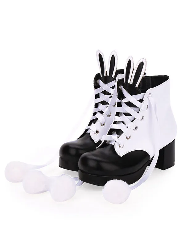 Classic Lolita Boots Bunny Ear Pom Pom Two Tone Chunky High Heel Lolita Shoes