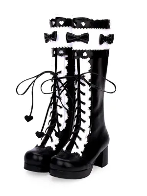 Classic Lolita Boots Lace Up Bow Two Tone Chunky Heel Black Lolita Knee High Boots