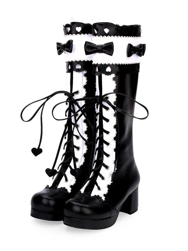 Classic Lolita Boots Lace Up Bow Two Tone Chunky Heel Black Lolita Knee High Boots