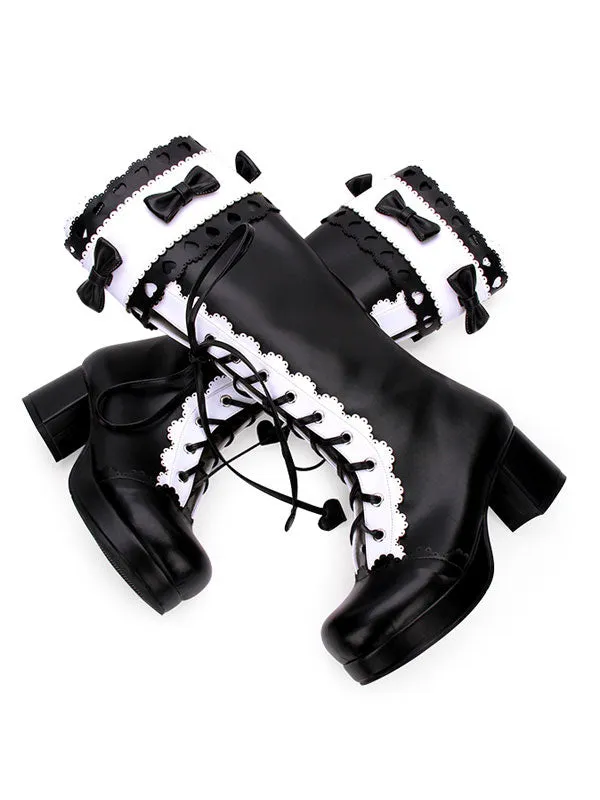Classic Lolita Boots Lace Up Bow Two Tone Chunky Heel Black Lolita Knee High Boots