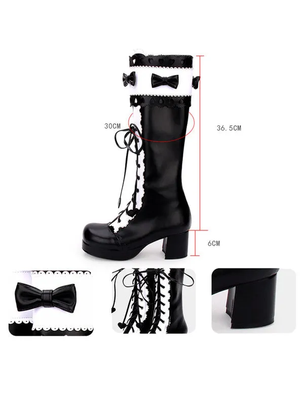Classic Lolita Boots Lace Up Bow Two Tone Chunky Heel Black Lolita Knee High Boots