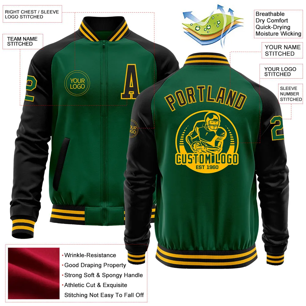 Custom Kelly Green Black-Gold Bomber Varsity Letterman Two Tone Zipper Jacket
