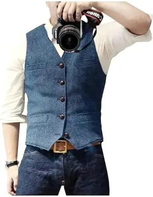 Denim Blazer Vest for Men, V-Neck