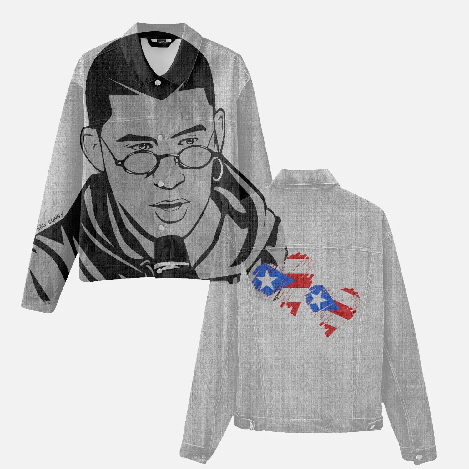 Denim Jackets featuring Bad Bunny w/ P.R. flag on reverse side