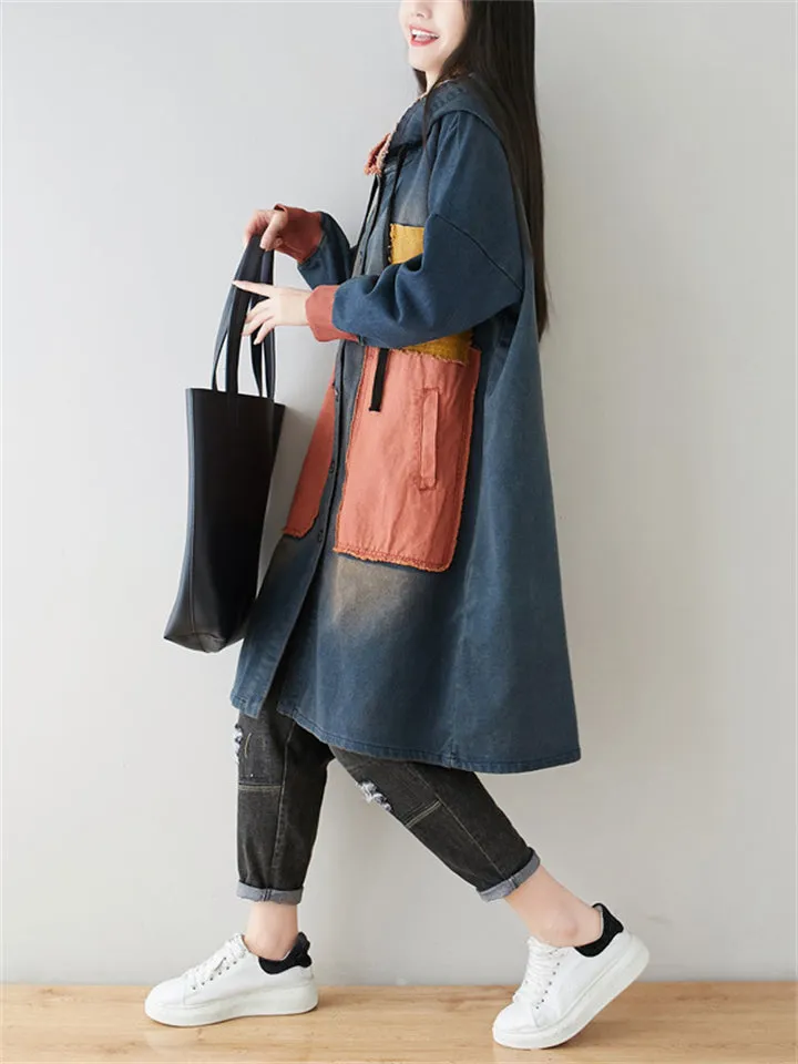 Denim Patchwork Hooded Jacket Coat