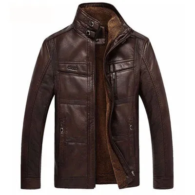 DIMUSI Leather Jacket Men Winter Leanther Jacket Solid Thick Coat Male Thermal Fleece Casual Stand Collar Clothing 5XL,YA512