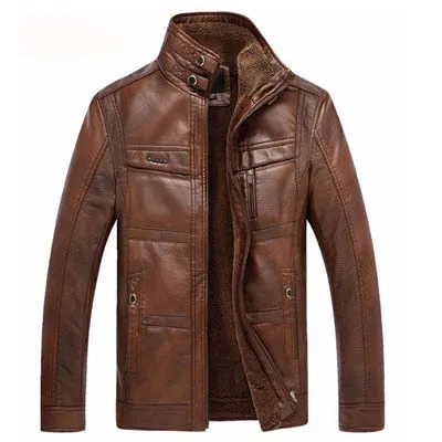 DIMUSI Leather Jacket Men Winter Leanther Jacket Solid Thick Coat Male Thermal Fleece Casual Stand Collar Clothing 5XL,YA512