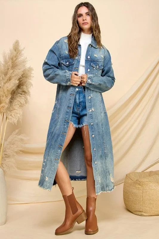 Distressed Long Denim Jacket