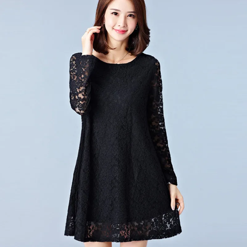 Dresses Plus Size Women Clothing Hollow Out Lace Dress Long Sleeve Ladies Office Dress Black #F139