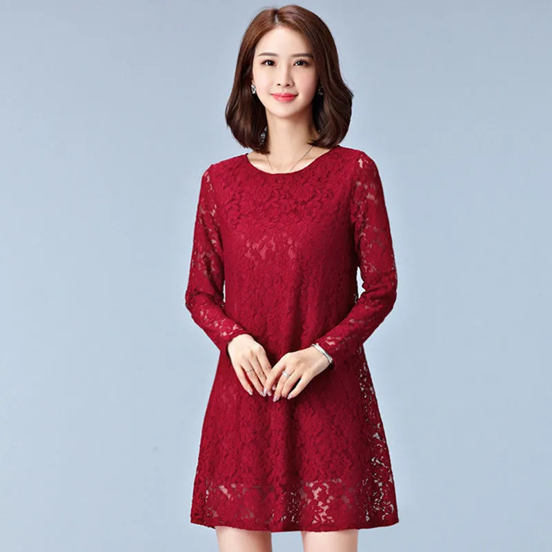 Dresses Plus Size Women Clothing Hollow Out Lace Dress Long Sleeve Ladies Office Dress Black #F139