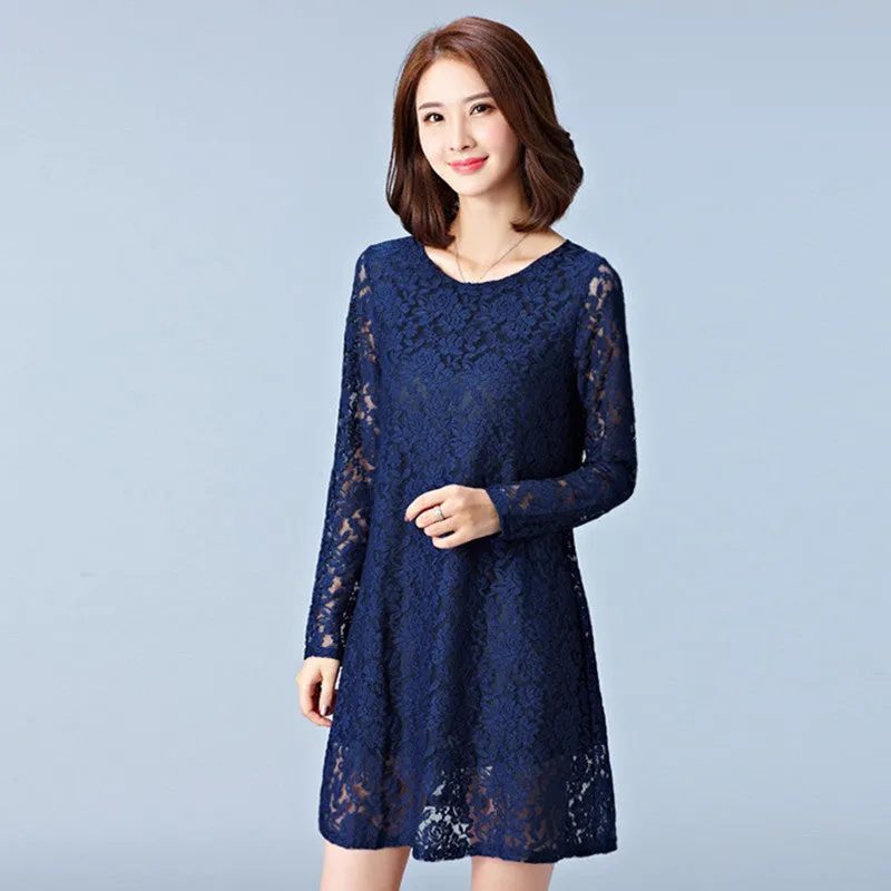 Dresses Plus Size Women Clothing Hollow Out Lace Dress Long Sleeve Ladies Office Dress Black #F139